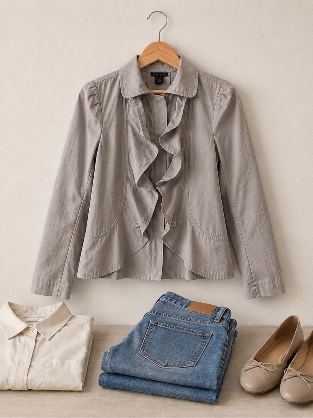 Apostrophe Light Gray Ruffle-Front Blazer - Picture 2 of 8